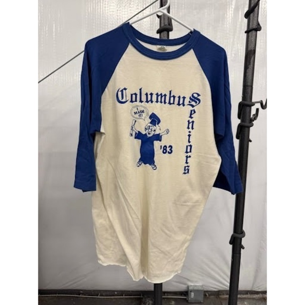 Vintage 1983 Columbus Seniors Ringer T-Shirt White Blue 3/4 Sleeve Made in US XL
